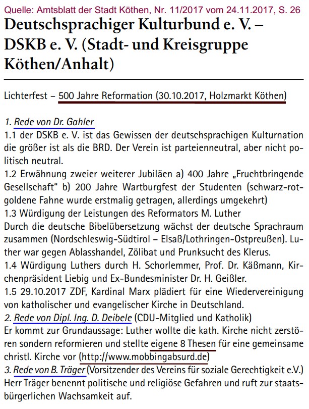 Demo in Köthen am 30.10.2017, 500 Jahre Reformation; Quelle: Amtsblatt der Stadt Köthen, Nr. 11/2017 vom 24.11.2017, S. 26